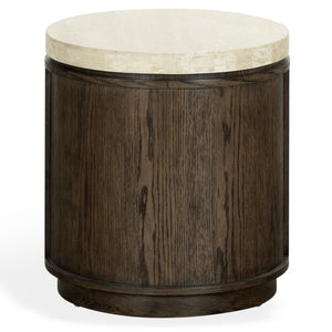Safavieh Alysandria Round Travertine Stone Top Side Table with Warm Oak Base for Modern Interiors Dark Brown Oak SFV2252A