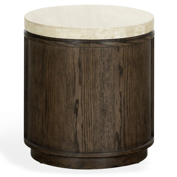 Safavieh Alysandria Round Travertine Stone Top Side Table with Warm Oak Base for Modern Interiors Dark Brown Oak SFV2252A