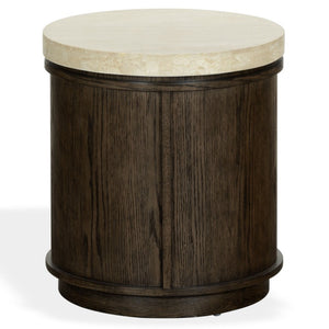 Safavieh Alysandria Round Travertine Stone Top Side Table with Warm Oak Base for Modern Interiors Dark Brown Oak SFV2252A