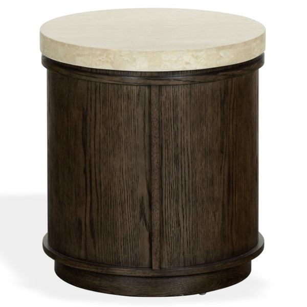 Safavieh Alysandria Round Travertine Stone Top Side Table with Warm Oak Base for Modern Interiors Dark Brown Oak SFV2252A