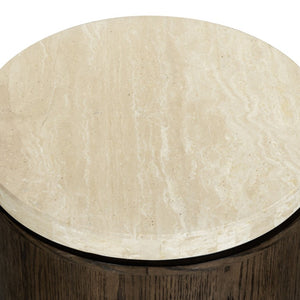 Safavieh Alysandria Round Travertine Stone Top Side Table with Warm Oak Base for Modern Interiors Dark Brown Oak SFV2252A