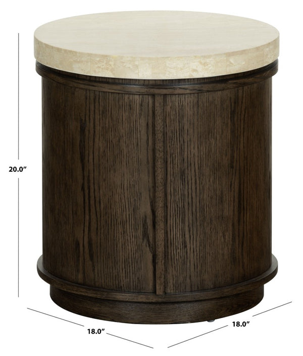 Safavieh Alysandria Round Travertine Stone Top Side Table with Warm Oak Base for Modern Interiors Dark Brown Oak SFV2252A