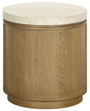 Safavieh Alysandria Round Travertine Stone Top Side Table with Warm Oak Base for Modern Interiors Brown Oak SFV2252B