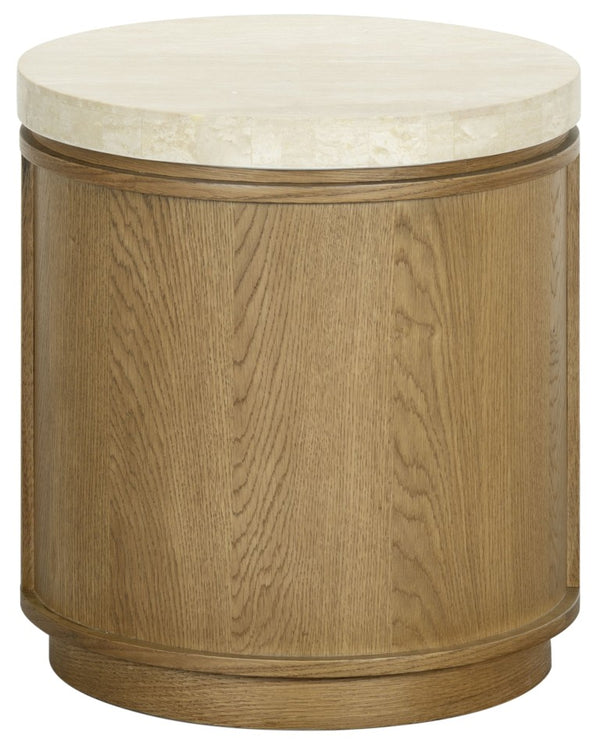 Safavieh Alysandria Round Travertine Stone Top Side Table with Warm Oak Base for Modern Interiors Brown Oak SFV2252B