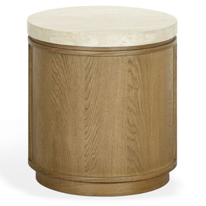 Safavieh Alysandria Round Travertine Stone Top Side Table with Warm Oak Base for Modern Interiors Brown Oak SFV2252B