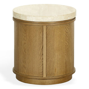 Safavieh Alysandria Round Travertine Stone Top Side Table with Warm Oak Base for Modern Interiors Brown Oak SFV2252B