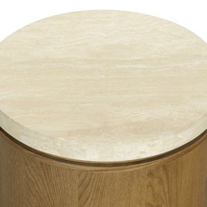 Safavieh Alysandria Round Travertine Stone Top Side Table with Warm Oak Base for Modern Interiors Brown Oak SFV2252B