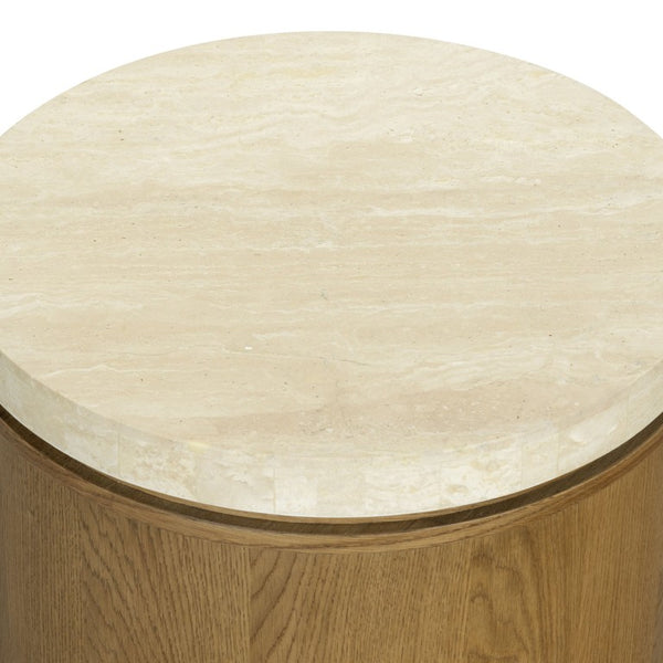Safavieh Alysandria Round Travertine Stone Top Side Table with Warm Oak Base for Modern Interiors Brown Oak SFV2252B