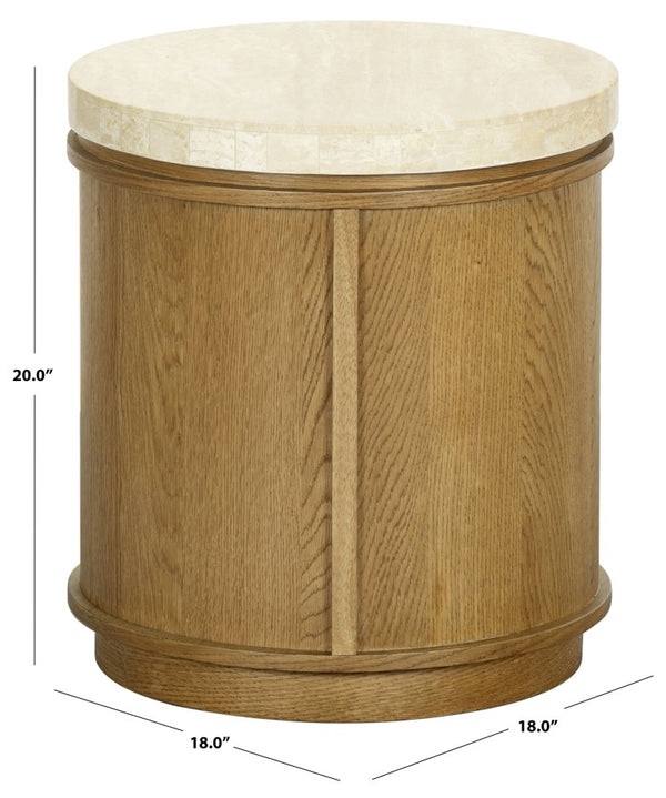 Safavieh Alysandria Round Travertine Stone Top Side Table with Warm Oak Base for Modern Interiors Brown Oak SFV2252B