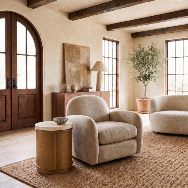 Safavieh Alysandria Round Travertine Stone Top Side Table with Warm Oak Base for Modern Interiors Brown Oak SFV2252B
