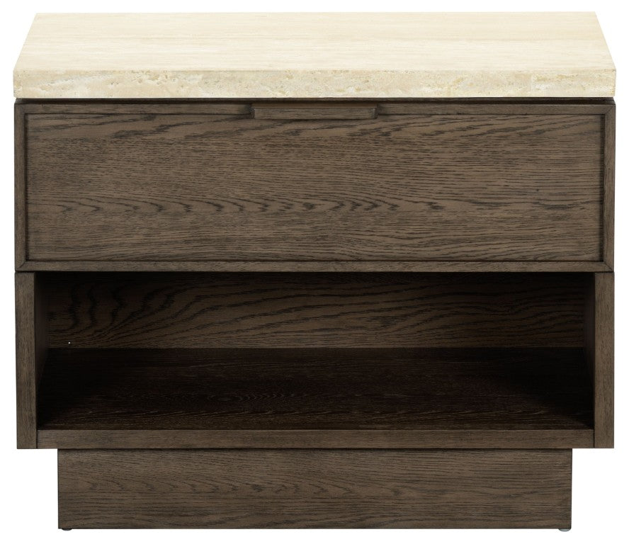Safavieh Alysandria Travertine Stone Top Nightstand with Oak Base and Single Drawer Storage Dark Brown Oak SFV2254A