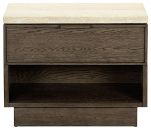 Safavieh Alysandria Travertine Stone Top Nightstand with Oak Base and Single Drawer Storage Dark Brown Oak SFV2254A