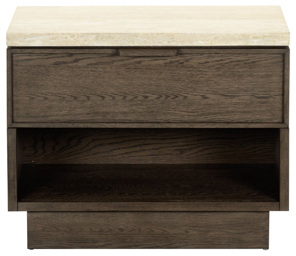 Safavieh Alysandria Travertine Stone Top Nightstand with Oak Base and Single Drawer Storage Dark Brown Oak SFV2254A