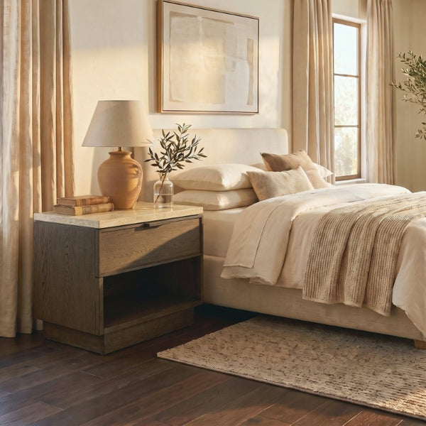 Safavieh Alysandria Travertine Stone Top Nightstand with Oak Base and Single Drawer Storage Dark Brown Oak SFV2254A