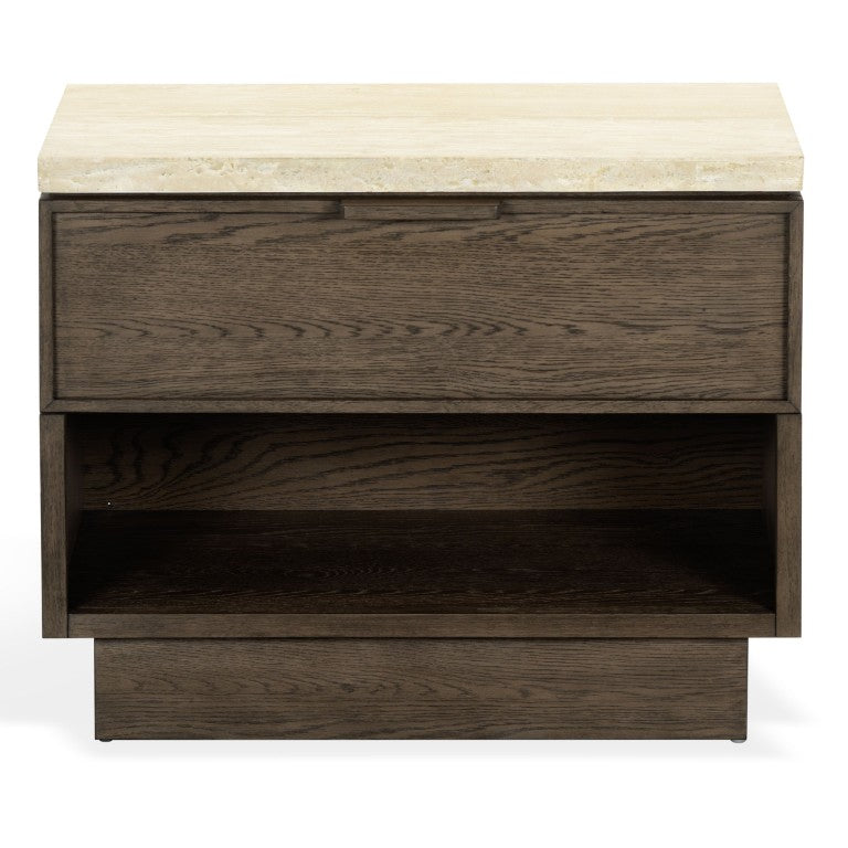 Safavieh Alysandria Travertine Stone Top Nightstand with Oak Base and Single Drawer Storage Dark Brown Oak SFV2254A