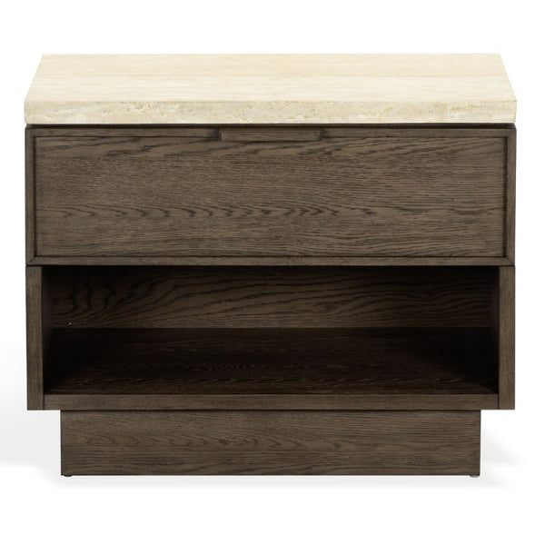 Safavieh Alysandria Travertine Stone Top Nightstand with Oak Base and Single Drawer Storage Dark Brown Oak SFV2254A