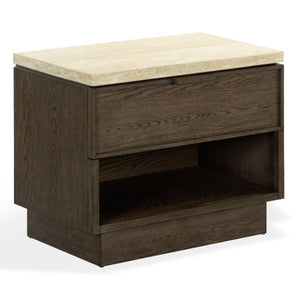 Safavieh Alysandria Travertine Stone Top Nightstand with Oak Base and Single Drawer Storage Dark Brown Oak SFV2254A