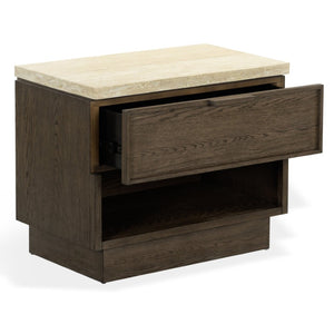 Safavieh Alysandria Travertine Stone Top Nightstand with Oak Base and Single Drawer Storage Dark Brown Oak SFV2254A