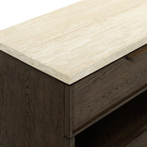 Safavieh Alysandria Travertine Stone Top Nightstand with Oak Base and Single Drawer Storage Dark Brown Oak SFV2254A