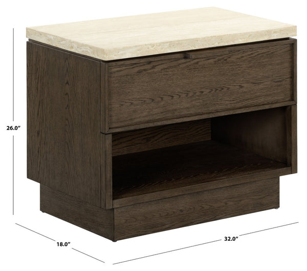 Safavieh Alysandria Travertine Stone Top Nightstand with Oak Base and Single Drawer Storage Dark Brown Oak SFV2254A