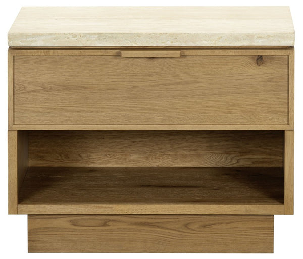 Safavieh Alysandria Travertine Stone Top Nightstand with Oak Base and Single Drawer Storage Brown Oak SFV2254B