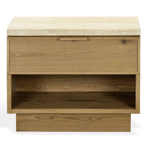Safavieh Alysandria Travertine Stone Top Nightstand with Oak Base and Single Drawer Storage Brown Oak SFV2254B
