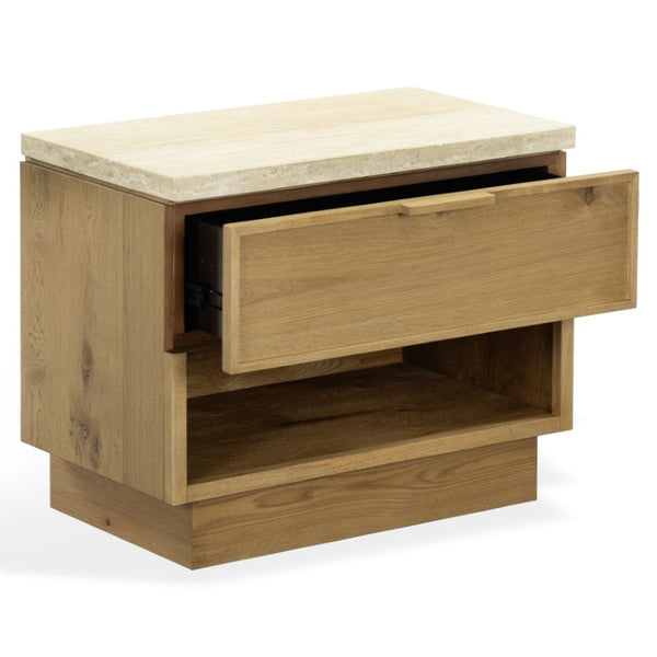 Safavieh Alysandria Travertine Stone Top Nightstand with Oak Base and Single Drawer Storage Brown Oak SFV2254B