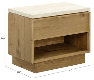 Safavieh Alysandria Travertine Stone Top Nightstand with Oak Base and Single Drawer Storage Brown Oak SFV2254B