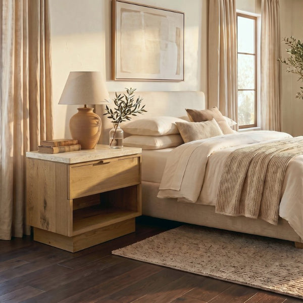 Safavieh Alysandria Travertine Stone Top Nightstand with Oak Base and Single Drawer Storage Brown Oak SFV2254B