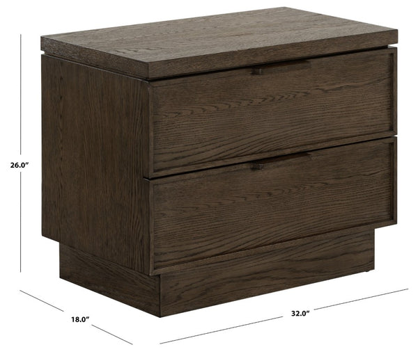 Safavieh Alysandria Natural Grain Wood Two Drawer Nightstand for Warm Transitional Bedrooms Dark Brown Oak SFV2255A