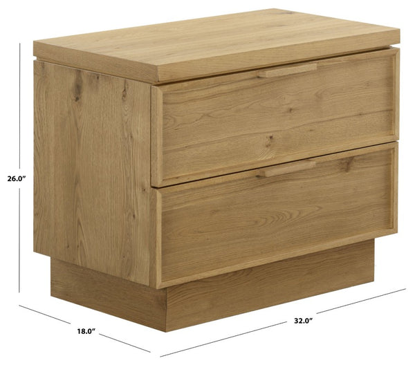 Safavieh Alysandria Natural Grain Wood Two Drawer Nightstand for Warm Transitional Bedrooms Brown Oak SFV2255B