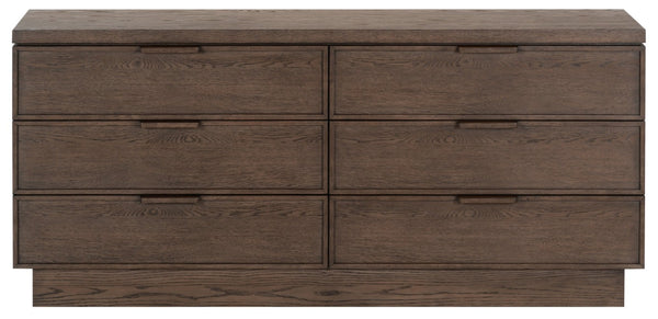 Safavieh Alysandria Six Drawer Wood Top Dresser with Rich Grain Finish for Bedroom Storage Dark Brown Oak SFV2256A