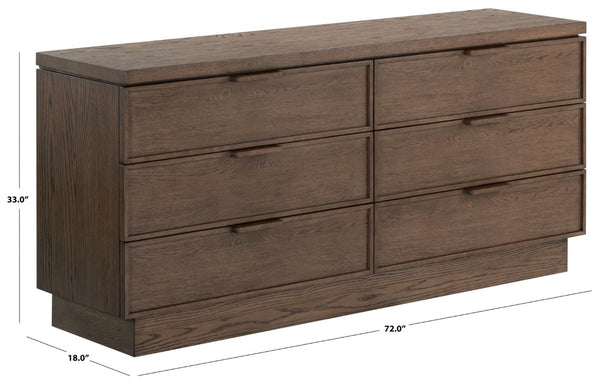 Safavieh Alysandria Six Drawer Wood Top Dresser with Rich Grain Finish for Bedroom Storage Dark Brown Oak SFV2256A
