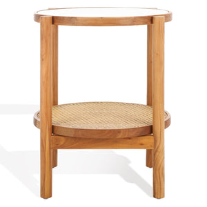 Safavieh Karyna Rattan And Glass Accent Table - Two-tiered Design With Stylish Elm Legs For Modern Spaces Clear ,Natural Wood ,Tempered Glass ,Rattan Sfv2301a