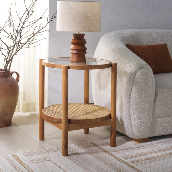 Safavieh Karyna Rattan And Glass Accent Table - Two-tiered Design With Stylish Elm Legs For Modern Spaces Clear ,Natural Wood ,Tempered Glass ,Rattan Sfv2301a