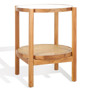 Safavieh Karyna Rattan And Glass Accent Table - Two-tiered Design With Stylish Elm Legs For Modern Spaces Clear ,Natural Wood ,Tempered Glass ,Rattan Sfv2301a