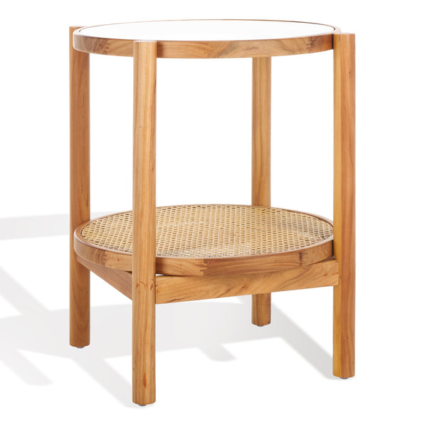 Safavieh Karyna Rattan And Glass Accent Table - Two-tiered Design With Stylish Elm Legs For Modern Spaces Clear ,Natural Wood ,Tempered Glass ,Rattan Sfv2301a
