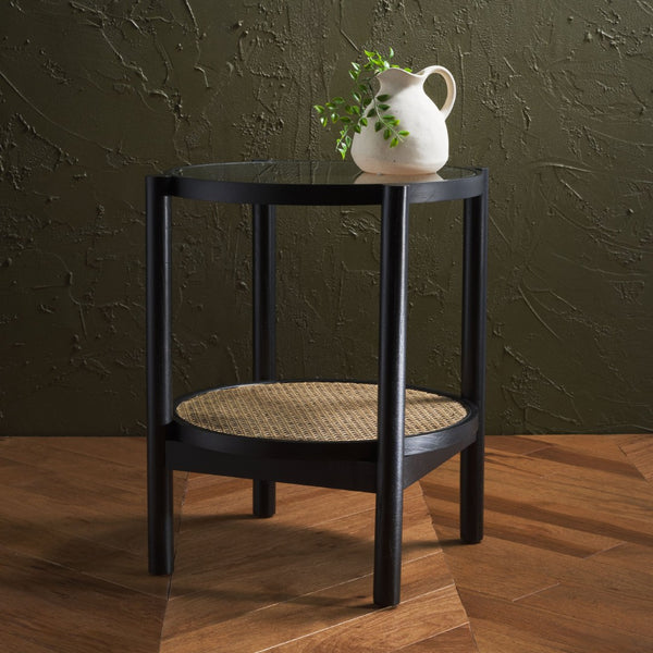 Safavieh KARYNA Rattan and Glass Accent Table – Stylish Two-Tier Design for Contemporary Living Spaces Black / Natural SFV2301B