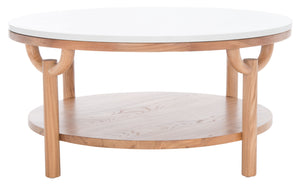 Safavieh Puck Round Marble Top Coffee Table - Two-tiered Natural Wood Base For Stylish Home Decor Display Natural ,White Wood ,Marble Sfv2305a