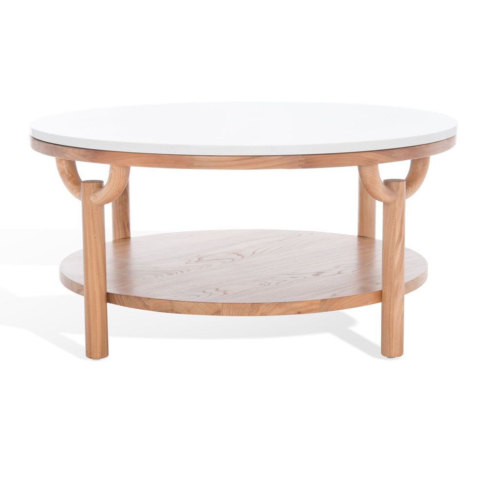 Safavieh Puck Round Marble Top Coffee Table - Two-tiered Natural Wood Base For Stylish Home Decor Display Natural ,White Wood ,Marble Sfv2305a