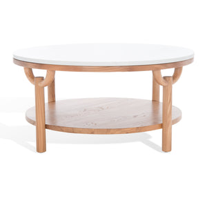 Safavieh Puck Round Marble Top Coffee Table - Two-tiered Natural Wood Base For Stylish Home Decor Display Natural ,White Wood ,Marble Sfv2305a
