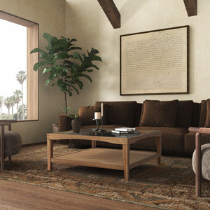Safavieh NICOLELLA Square Glass Coffee Table with Elegant Elm Wood Frame and Linen Shelf for Stylish Living Natural SFV2311A