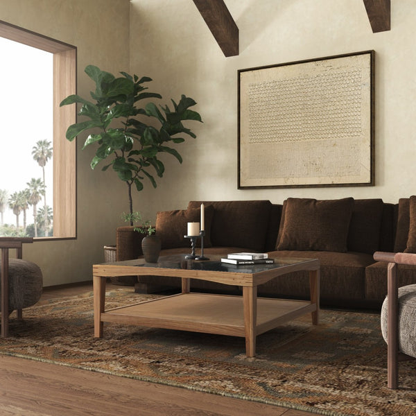 Safavieh NICOLELLA Square Glass Coffee Table with Elegant Elm Wood Frame and Linen Shelf for Stylish Living Natural SFV2311A