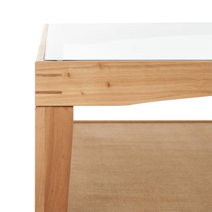 Safavieh Nicolella Square Coffee Table With Glass Top And Linen Shelf – Elegant Elm Wood Frame Design Natural Wood ,Tempered Glass ,Linen Sfv2311a