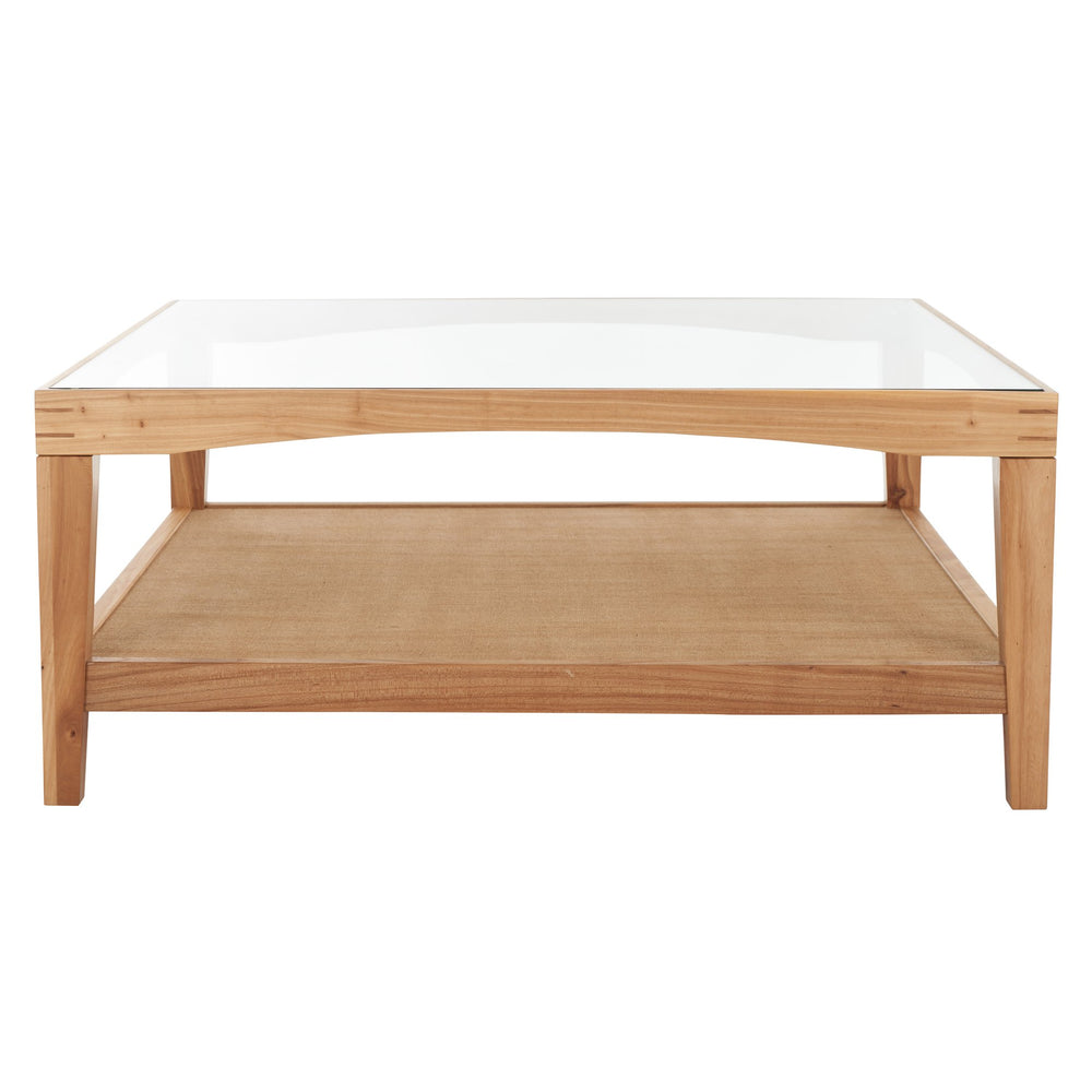 Safavieh Nicolella Square Coffee Table With Glass Top And Linen Shelf – Elegant Elm Wood Frame Design Natural Wood ,Tempered Glass ,Linen Sfv2311a