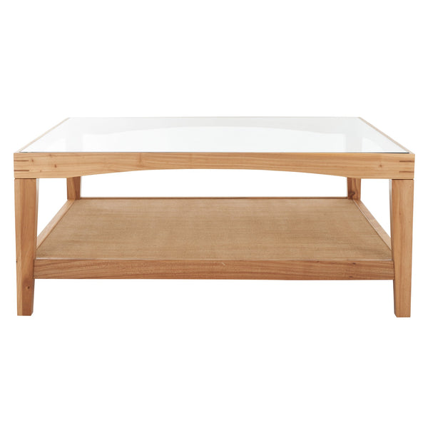Safavieh Nicolella Square Coffee Table With Glass Top And Linen Shelf – Elegant Elm Wood Frame Design Natural Wood ,Tempered Glass ,Linen Sfv2311a