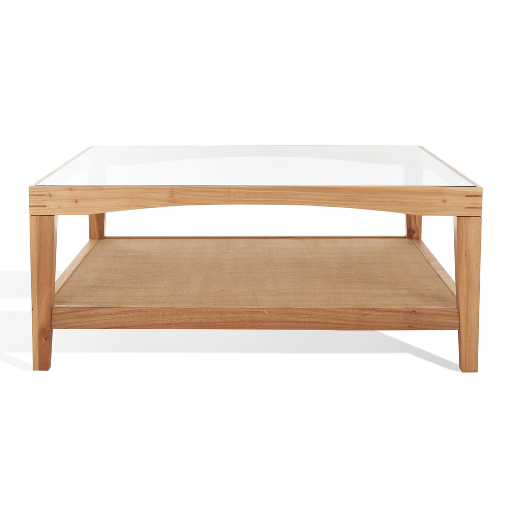 Safavieh Nicolella Square Coffee Table With Glass Top And Linen Shelf – Elegant Elm Wood Frame Design Natural Wood ,Tempered Glass ,Linen Sfv2311a
