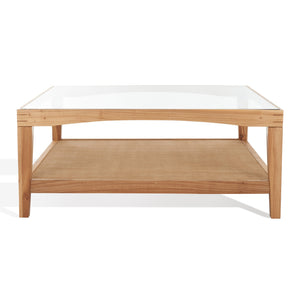 Safavieh Nicolella Square Coffee Table With Glass Top And Linen Shelf – Elegant Elm Wood Frame Design Natural Wood ,Tempered Glass ,Linen Sfv2311a