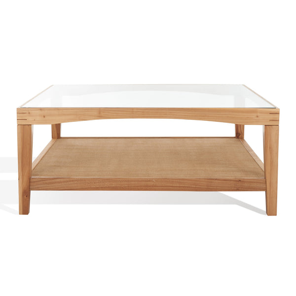 Safavieh Nicolella Square Coffee Table With Glass Top And Linen Shelf – Elegant Elm Wood Frame Design Natural Wood ,Tempered Glass ,Linen Sfv2311a