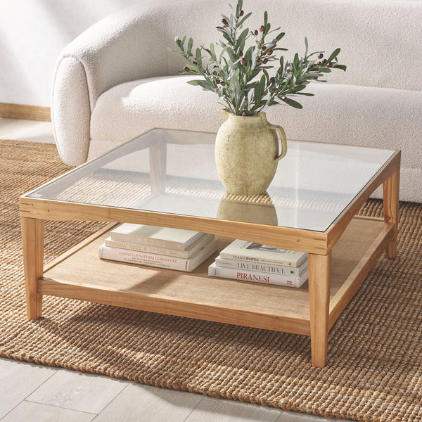 Safavieh Nicolella Square Coffee Table With Glass Top And Linen Shelf – Elegant Elm Wood Frame Design Natural Wood ,Tempered Glass ,Linen Sfv2311a